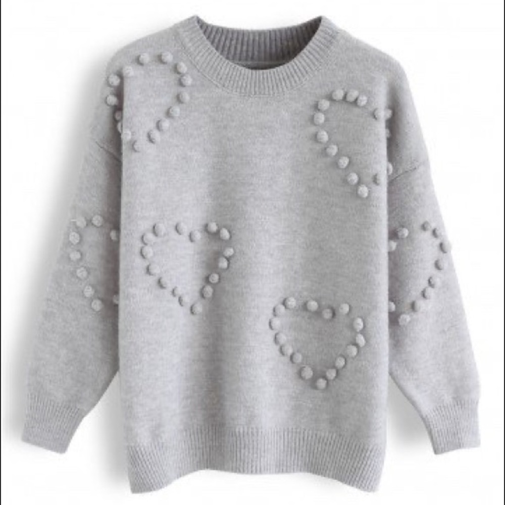 Pom Pom Embellished Knit Sweater in Grey